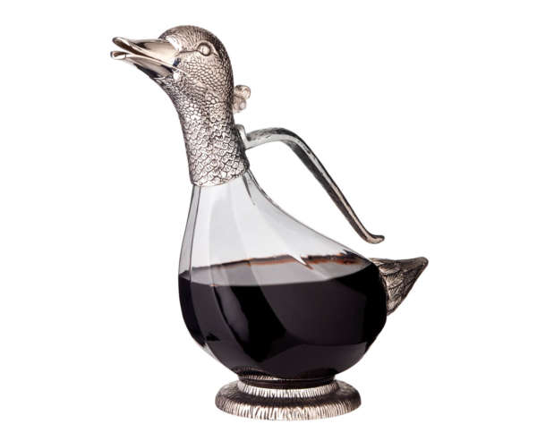 Carafe en forme de canard en métal argenté et en verre | Idée de cadeau originale | Carafe en forme de canard fabriquée par nos artisans